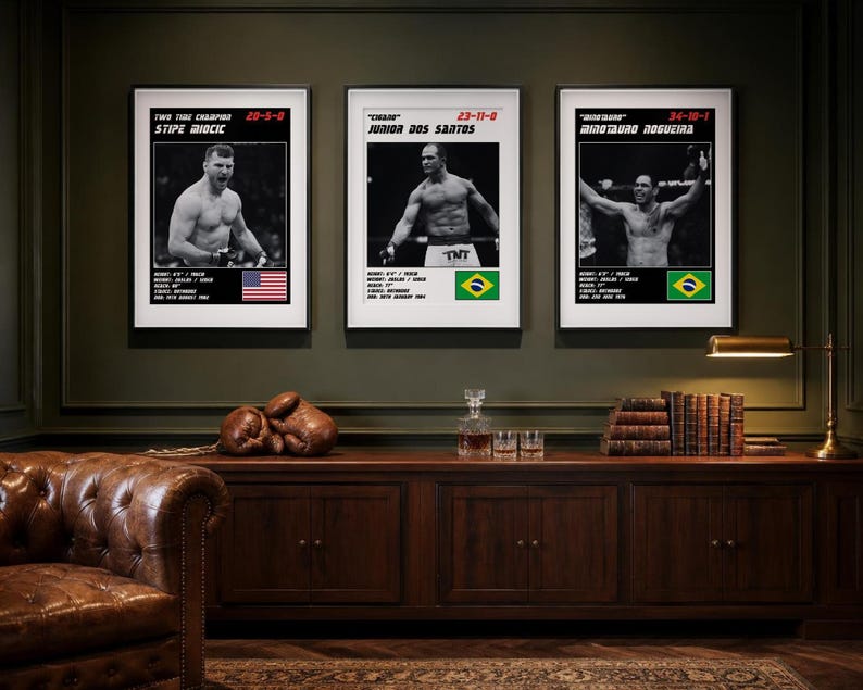 May include: Three framed posters featuring black and white photographs of MMA fighters Stipe Miocic, Junior Dos Santos, and Minotauro Nogueira. Each print includes the fighter's name, record, statistics, and a national flag in a white border.