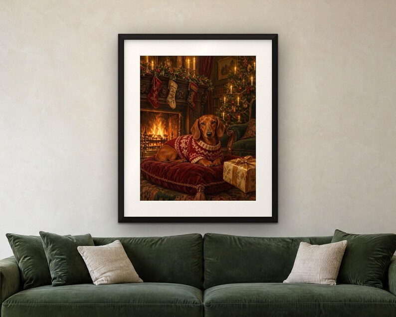 Dachshund Christmas Print, Vintage Oil Painting, Sausage Dog Gift (Digital Download) image 4