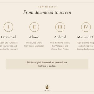 May include: An instructional graphic titled How to set it: From download to screen. It outlines four steps for setting digital wallpapers on iPhone, Android, Mac, and PC, with a note stating this is a digital download for personal use.