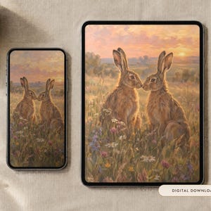 May include: A digital download featuring an illustration of two brown hares sitting in a wildflower meadow at sunset, displayed on a smartphone and a tablet screen. The artwork depicts the hares facing each other amidst colorful flowers.
