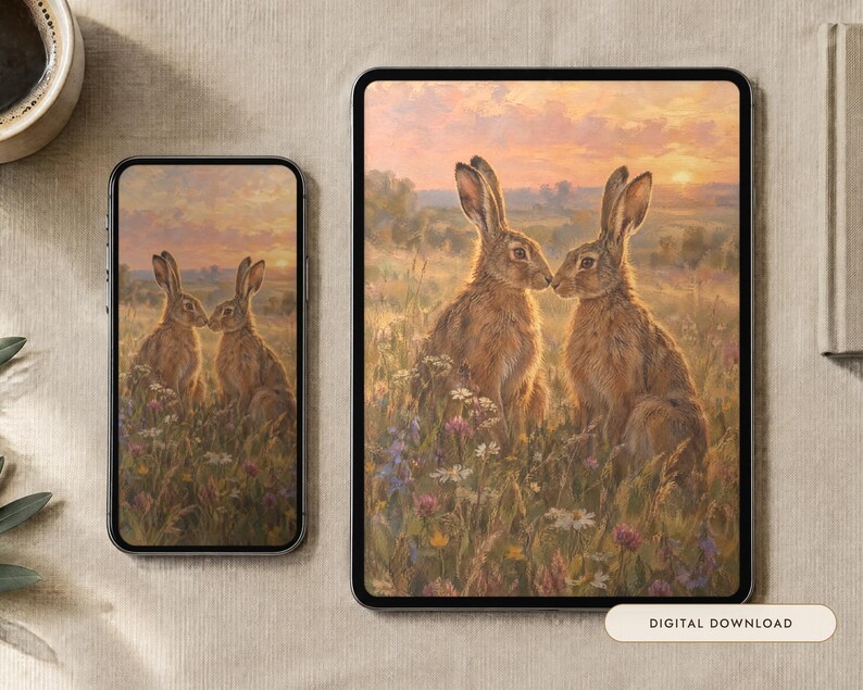 May include: A digital download featuring an illustration of two brown hares sitting in a wildflower meadow at sunset, displayed on a smartphone and a tablet screen. The artwork depicts the hares facing each other amidst colorful flowers.