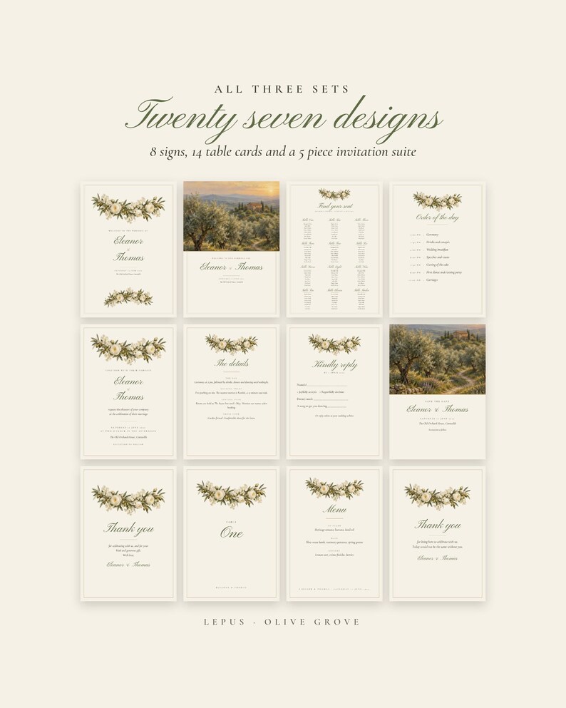 Painted Olive Wedding Suite Bundle, Seating Chart, Welcome Sign, Invitation, Table Numbers, Menu, Editable Canva Templates image 3