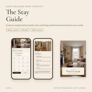 Pode incluir: Um modelo de livro de boas-vindas para h&oacute;spedes intitulado The Stay Guide, com um guia telef&oacute;nico naveg&aacute;vel e um livro impresso a condizer para alugueres. O design mostra dois ecr&atilde;s de smartphone e um folheto para Weaver's Cottage.