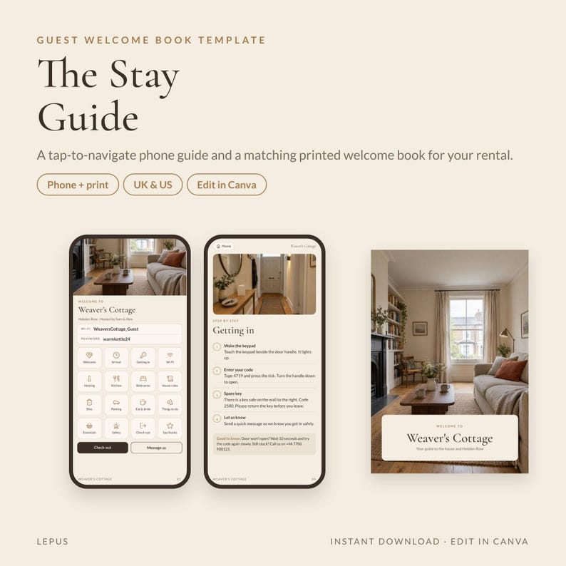 Pode incluir: Um modelo de livro de boas-vindas para h&oacute;spedes intitulado The Stay Guide, com um guia telef&oacute;nico naveg&aacute;vel e um livro impresso a condizer para alugueres. O design mostra dois ecr&atilde;s de smartphone e um folheto para Weaver's Cottage.