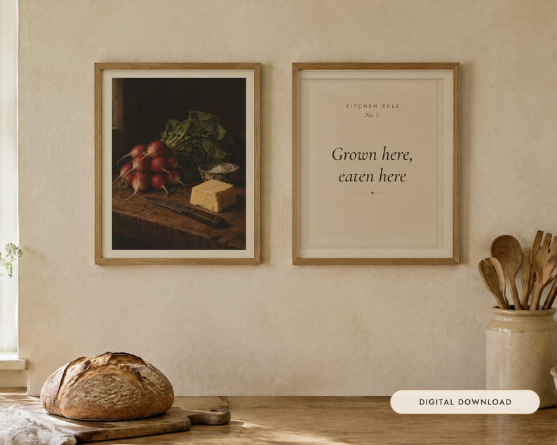 Radishes and Butter Kitchen Print Set of 2 | Still Life Oil Painting and Kitchen Quote | Cottage Kitchen Art | Digital Download image 1