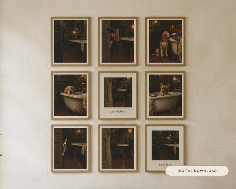 May include: A gallery wall set of nine framed prints featuring various dog breeds in a dark, moody bathroom setting. Some prints show dogs peeking into the room or sitting in a white clawfoot bathtub. Two prints include the text Just checking and Knock knock.