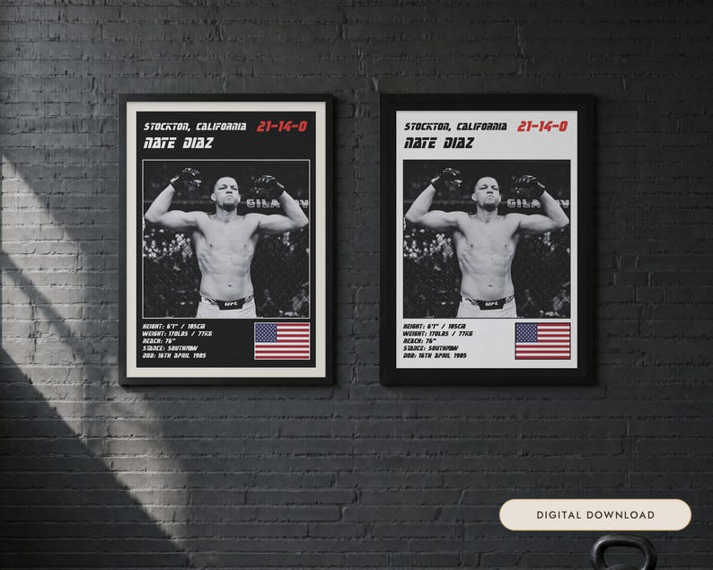 Plakat MMA Nate'a Diaza | Grafika ścienna do walki w Stockton | Edycje czarno-białe | Pobieranie cyfrowe zdjęcie 1