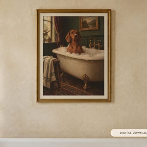 Dachshund Bathroom Wall Art, Funny Vintage Oil Painting Print, Sausage Dog Gift (Digital Download) image 1