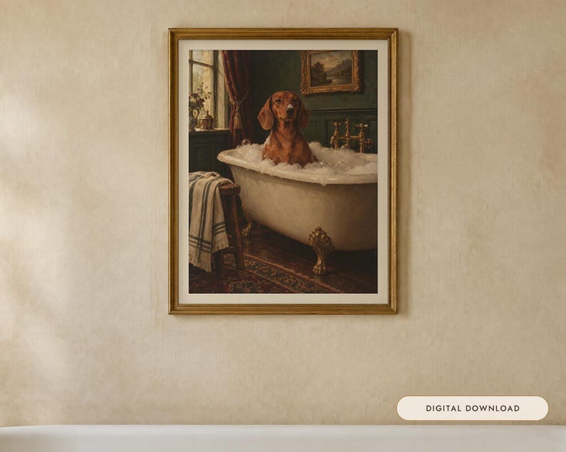 Dachshund Bathroom Wall Art, Funny Vintage Oil Painting Print, Sausage Dog Gift (Digital Download) image 1