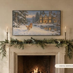 May include: A rectangular wall art print featuring a golden dog running through a snowy landscape toward a large, illuminated manor house at dusk. The scene includes snow-covered pine trees and a frozen pond, displayed above a fireplace mantel.
