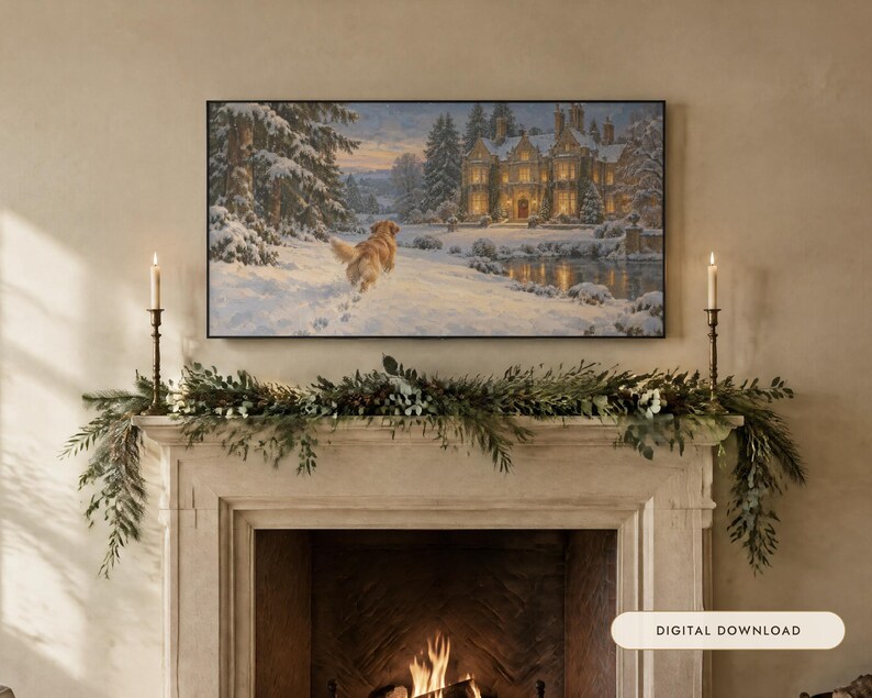 May include: A rectangular wall art print featuring a golden dog running through a snowy landscape toward a large, illuminated manor house at dusk. The scene includes snow-covered pine trees and a frozen pond, displayed above a fireplace mantel.