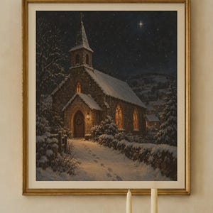 Silent Night Print, Snowy Church Christmas Oil Painting, Christian Wall Art (Digital Download) image 2