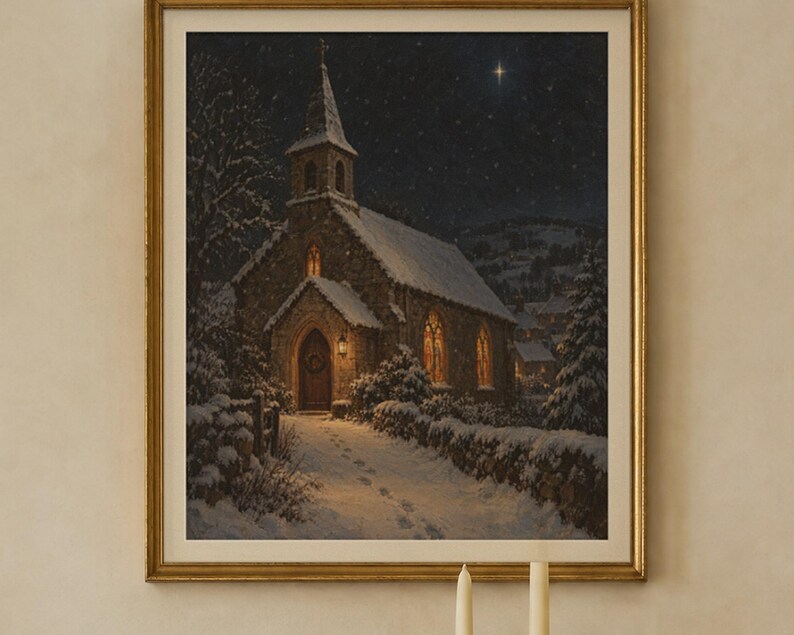Silent Night Print, Snowy Church Christmas Oil Painting, Christian Wall Art (Digital Download) image 2