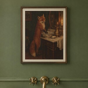 Fox at the Washstand Print | Funny Bathroom Wall Art | Vintage Animal Oil Painting | Wash your hands you animal | Digital Download image 2