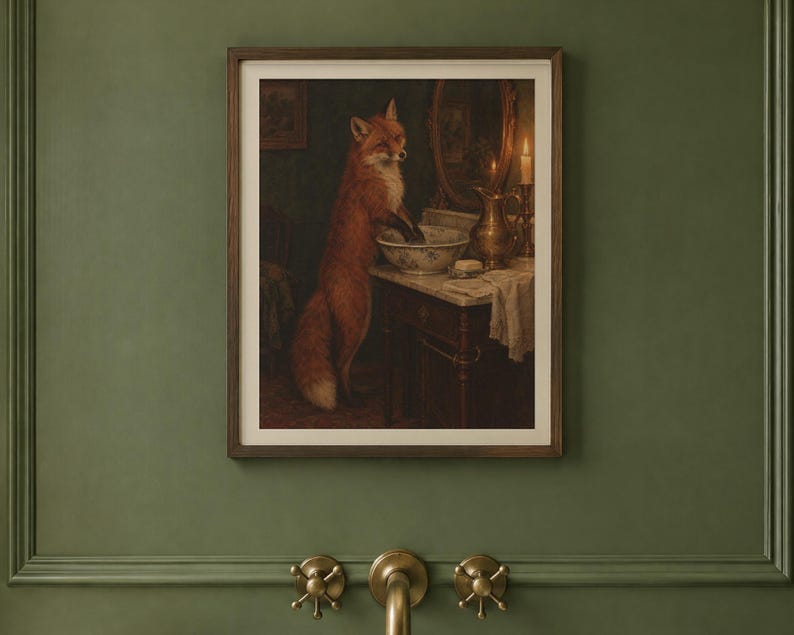 Fox at the Washstand Print | Funny Bathroom Wall Art | Vintage Animal Oil Painting | Wash your hands you animal | Digital Download image 2