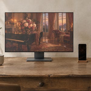 Pianokamerbehang | Olieverfschilderij Oude Romantiek Telefoon-, iPad- en Desktopachtergrond | Esthetiek van Oud Geld | Digitale download afbeelding 2