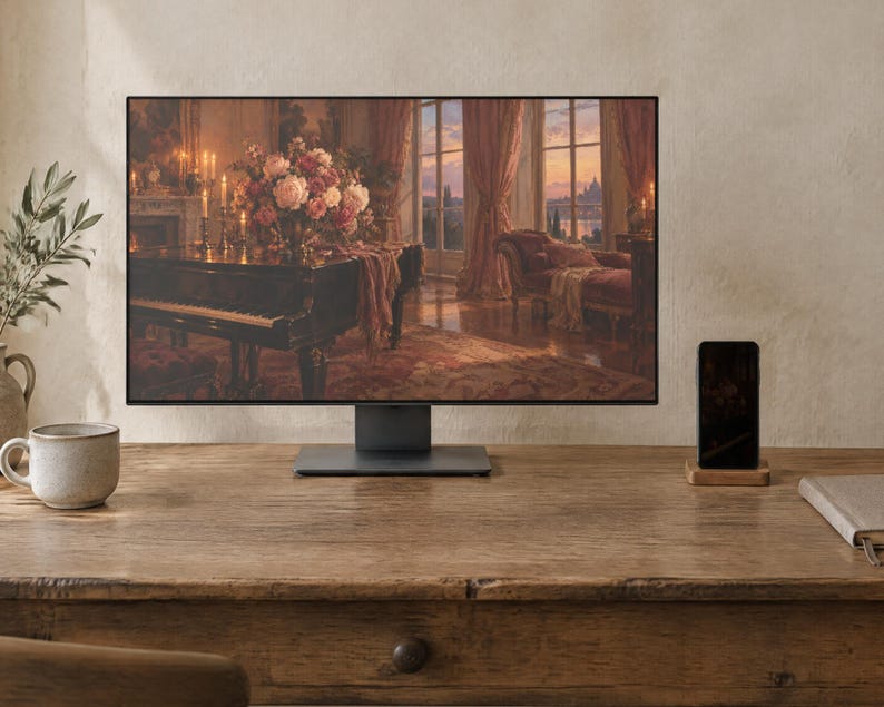 Pianokamerbehang | Olieverfschilderij Oude Romantiek Telefoon-, iPad- en Desktopachtergrond | Esthetiek van Oud Geld | Digitale download afbeelding 2