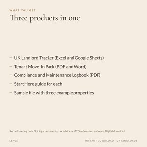 May include: A digital document set titled What You Get Three products in one, including a UK Landlord Tracker, Tenant Move-In Pack, Compliance and Maintenance Logbook, Start Here guides, and a sample file with three example properties.