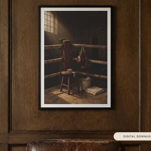 Boxing Ring Oil Painting Print | Vintage Boxing Gloves Wall Art | Moody Gym Decor | Printable Digital Download