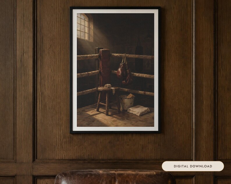 Pode incluir: Uma impress&atilde;o art&iacute;stica emoldurada representando o canto de um ringue de boxe com um banco de madeira, um par de luvas de boxe de couro vermelho escuro penduradas nas cordas, um balde branco e um pano, iluminados por um raio de luz.