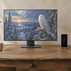 Fond d'écran Chouette des neiges | Peinture à l'huile d'hiver pour téléphone, iPad et ordinateur | Esthétique nordique | Téléchargement numérique image 2