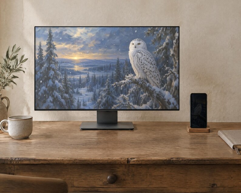 Fond d'écran Chouette des neiges | Peinture à l'huile d'hiver pour téléphone, iPad et ordinateur | Esthétique nordique | Téléchargement numérique image 2