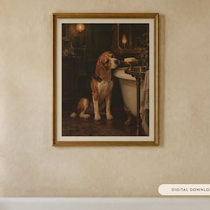 Beagle Bathroom Wall Art, Funny Dog Oil Painting Print (Digital Download) image 1