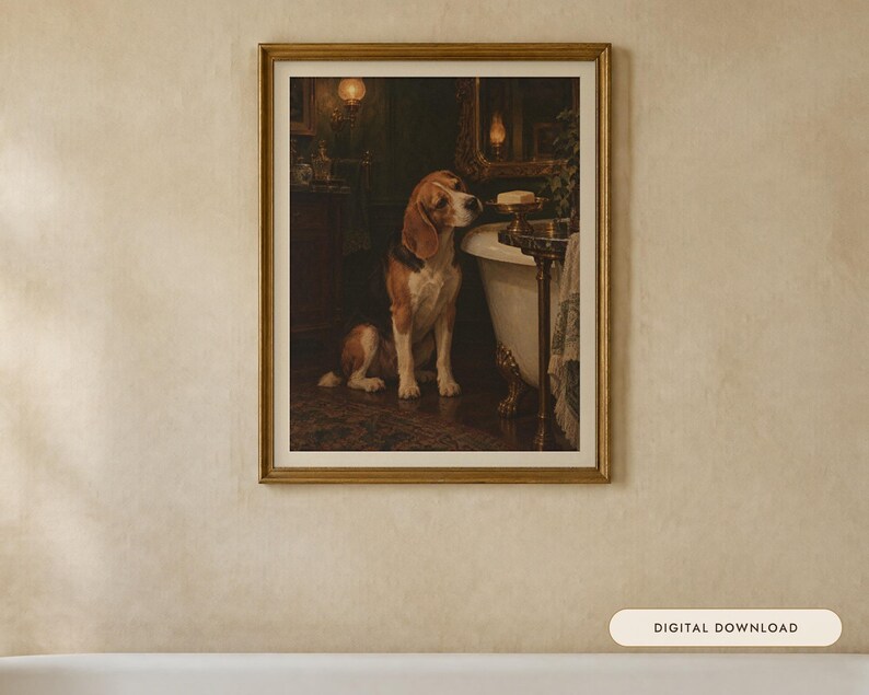 Beagle Bathroom Wall Art, Funny Dog Oil Painting Print (Digital Download) image 1