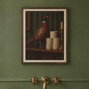 Pheasant and the Loo Roll Print | Funny Bathroom Wall Art | Vintage Animal Oil Painting | One square at a time | Digital Download image 2