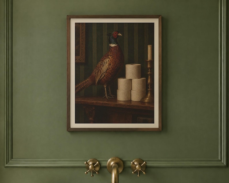 Pheasant and the Loo Roll Print | Funny Bathroom Wall Art | Vintage Animal Oil Painting | One square at a time | Digital Download image 2