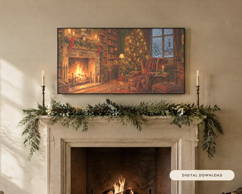 May include: A rectangular wall art print featuring a cozy library scene with a lit fireplace, a decorated Christmas tree, and a comfortable armchair. The artwork is displayed above a stone fireplace mantel adorned with green pine garland and two tall candles.