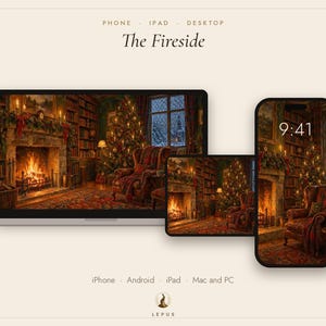 May include: A digital wallpaper set titled The Fireside, displayed on a laptop, tablet, and smartphone. The screens feature a cozy library scene with a lit fireplace, a decorated Christmas tree, and a leather armchair. Text includes Phone, IPad, Desktop, 9:41, iPhone, Android, IPad, Mac and PC, and Lepus.