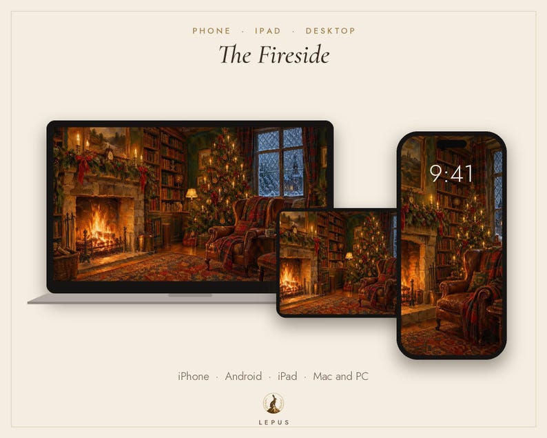 May include: A digital wallpaper set titled The Fireside, displayed on a laptop, tablet, and smartphone. The screens feature a cozy library scene with a lit fireplace, a decorated Christmas tree, and a leather armchair. Text includes Phone, IPad, Desktop, 9:41, iPhone, Android, IPad, Mac and PC, and Lepus.