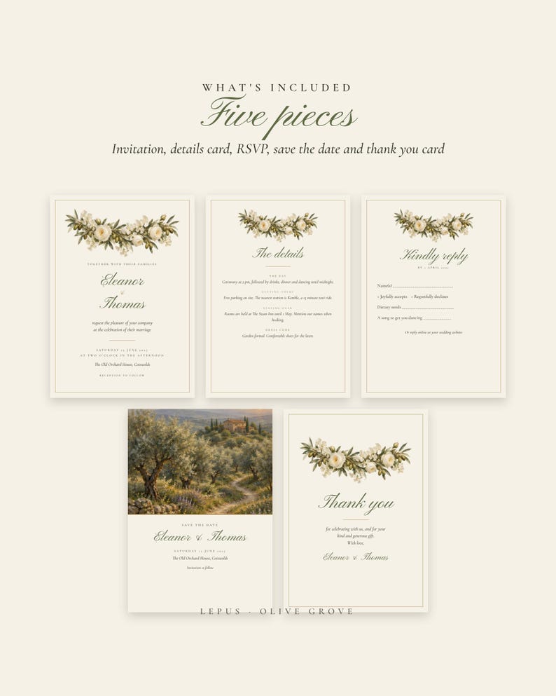 Painted Olive Wedding Invitation Template Suite, Save the Date, RSVP Card, Details Card, Editable Canva Invitation, 5x7 image 2