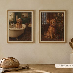Golden Retriever Gift Set of 2 Prints, Bathroom and Christmas Oil Paintings (Digital Download)