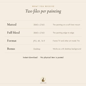 May include: An informational graphic on a light beige background with the text What you receive, Two files per painting, Matted, Full bleed, Format, JPG, 4K, 16:9, Bonus, Desktop, Instant download, No physical item is posted, and Lepus.