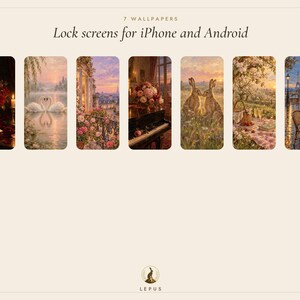 May include: Seven digital wallpapers for iPhone and Android featuring scenes of flowers, swans, a piano, rabbits, a picnic, and a Parisian cafe. The text reads 7 WALLPAPERS Lock screens for iPhone and Android and the logo LEPUS at the bottom.