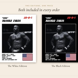 May include: Two posters featuring a black and white photograph of Rashad Evans. The text includes his nickname "Suga", his record 20-8-1, and stats: height 6'0", weight 205 lbs, reach 75", stance orthodox, and DOB 25th September 1979, with a US flag.