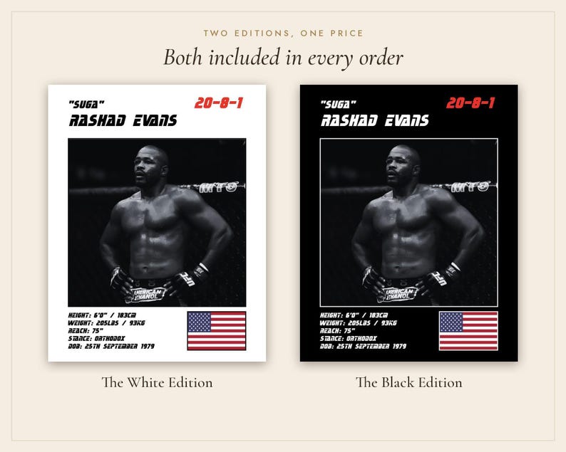 May include: Two posters featuring a black and white photograph of Rashad Evans. The text includes his nickname "Suga", his record 20-8-1, and stats: height 6'0", weight 205 lbs, reach 75", stance orthodox, and DOB 25th September 1979, with a US flag.
