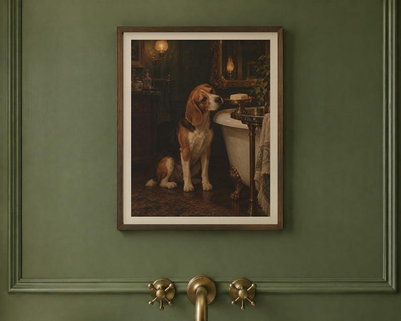 Beagle Bathroom Wall Art, Funny Dog Oil Painting Print (Digital Download) image 2