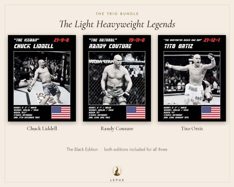MMA Poster Set of 3 | The Light Heavyweight Legends | Liddell, Couture, Ortiz | Gym Wall Art Bundle | Digital Download image 5
