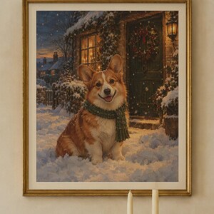 Corgi Christmas Print, Vintage Oil Painting, Corgi Gift (Digital Download) image 2