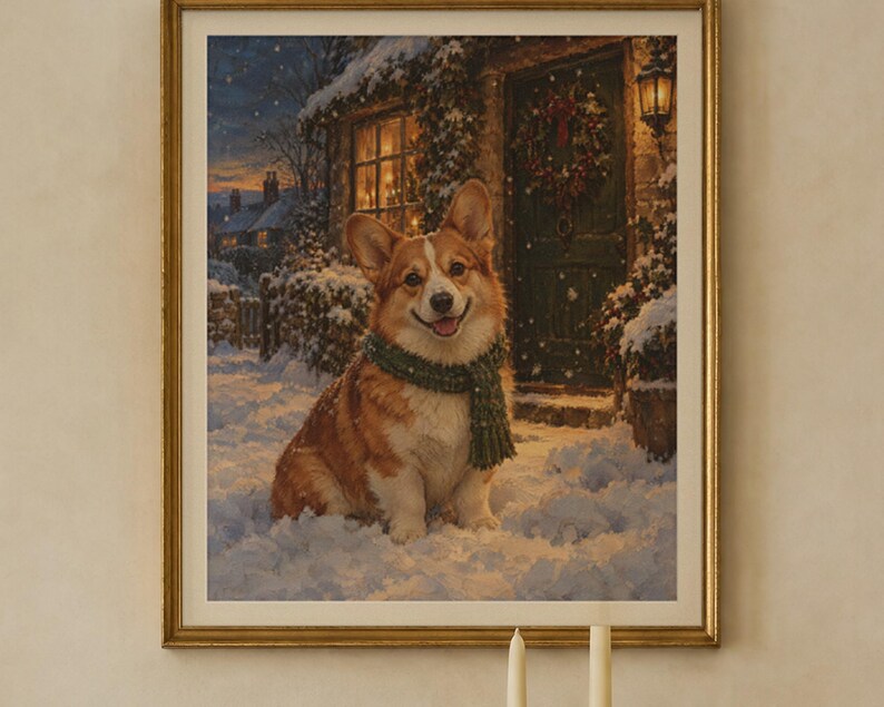 Corgi Christmas Print, Vintage Oil Painting, Corgi Gift (Digital Download) image 2