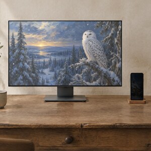 May include: A computer monitor displaying a snowy winter landscape with a white owl perched on a pine branch. The monitor has a thin black frame and a dark gray stand, positioned on a wooden desk next to a smartphone and a ceramic mug.