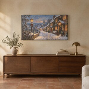 Frame TV Art: Snowy Village, Vintage Christmas Oil Painting (Digital Download) afbeelding 2