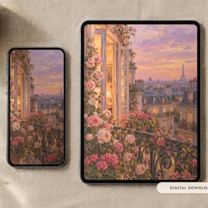 Paris Balcony Wallpaper | Oil Painting Old Romance Phone, iPad and Desktop Background | Parisian Aesthetic | Digital Download image 1