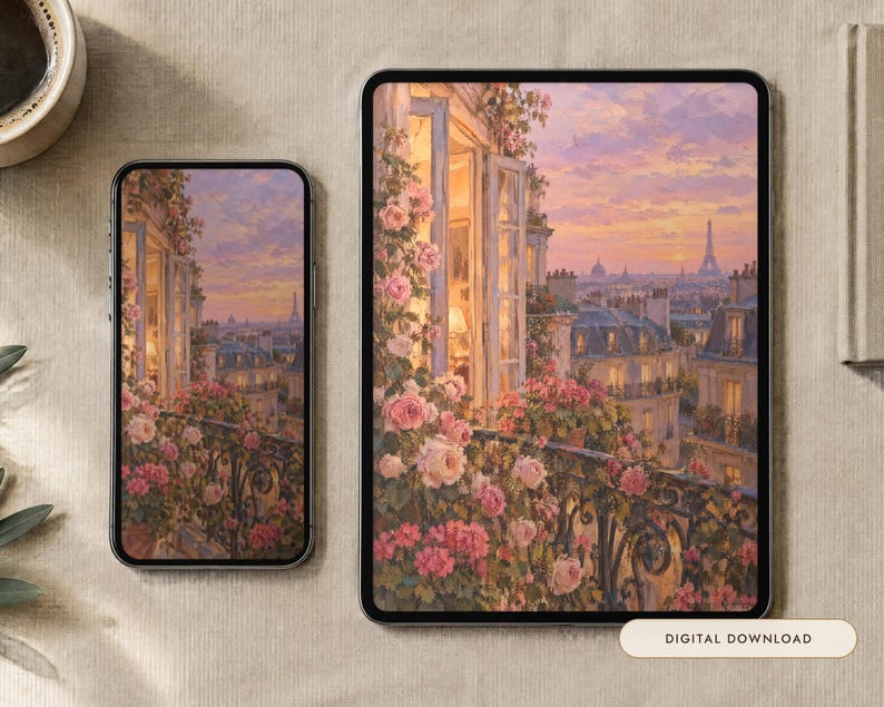 Paris Balcony Wallpaper | Oil Painting Old Romance Phone, iPad and Desktop Background | Parisian Aesthetic | Digital Download image 1