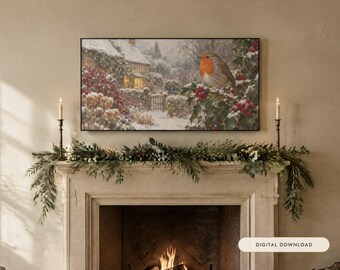 May include: A rectangular wall art print featuring a winter scene with a robin perched on a holly branch covered in snow, set against a cottage background. The print is displayed above a fireplace mantel decorated with greenery and candles.