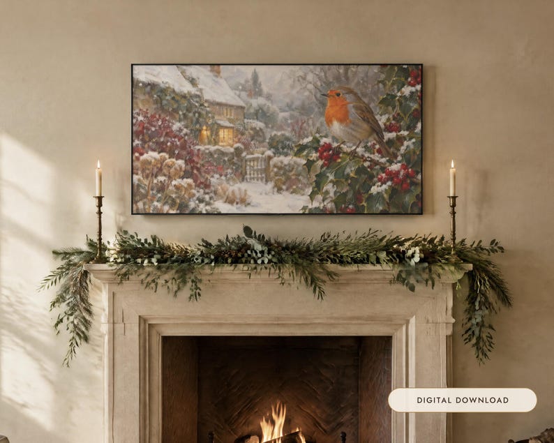 May include: A rectangular wall art print featuring a winter scene with a robin perched on a holly branch covered in snow, set against a cottage background. The print is displayed above a fireplace mantel decorated with greenery and candles.