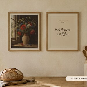 Wildflowers in a Jug Kitchen Print Set of 2 | Still Life Oil Painting and Kitchen Quote | Cottage Kitchen Art | Digital Download image 1